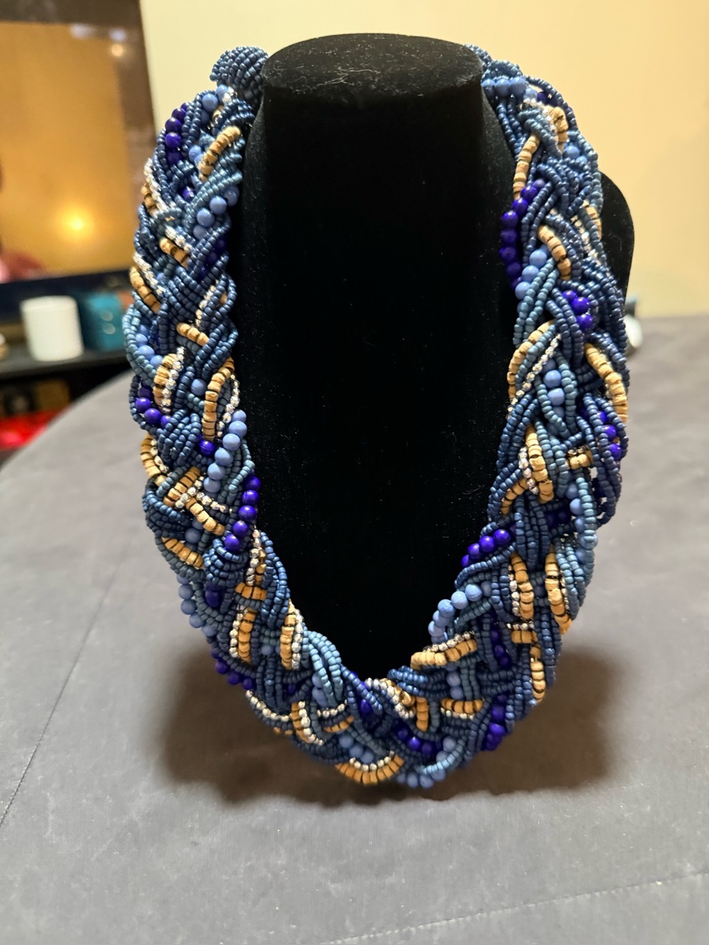 Handmade Braided Beaded Necklace - Blue and Gold